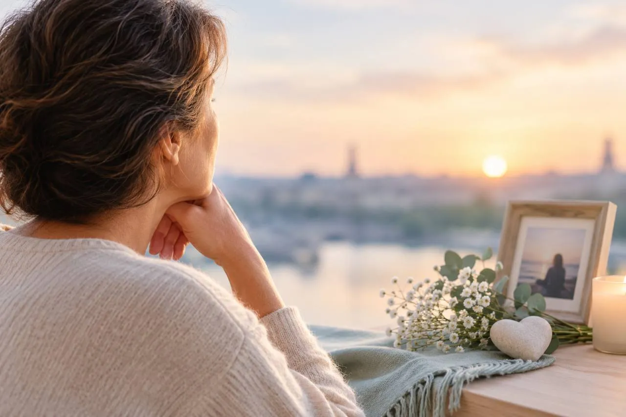 Femme contemplant le coucher du soleil près d'une photographie, de fleurs et d'une bougie